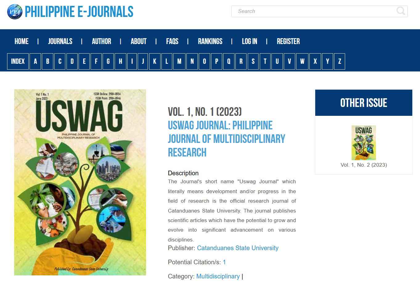 CatSU’s USWAG Journal Now Indexed in Philippine E-Journals